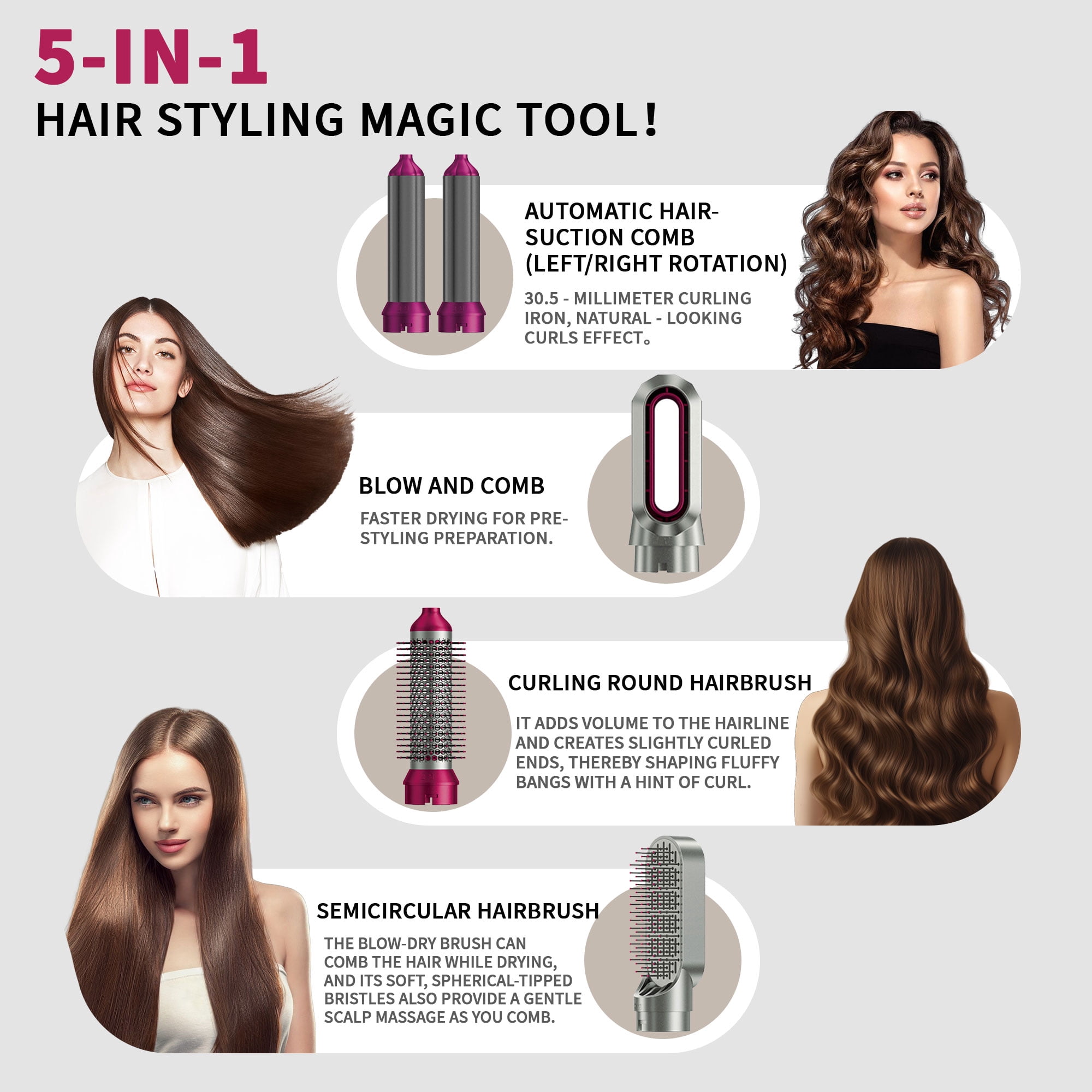 5 in 1 Hair Dryer Brush Set – Ionic Air Styler, Blow Dryer, Curling Iron & Hot Air Brush in One, Detachable Design for Drying, Curling, and Straightening Hair
