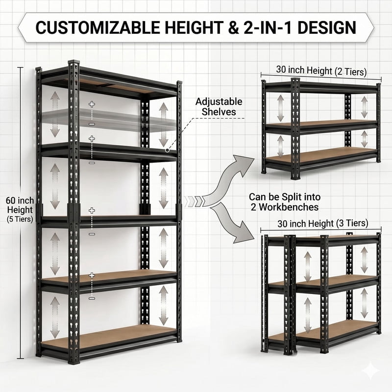 5-Tier Heavy Duty Garage Shelving Unit, 2000 LBS Capacity Storage Rack with Adjustable Shelves, 60" x 28" x 12" Boltless Metal Shelf for Basement, Pantry & Workbench, Black