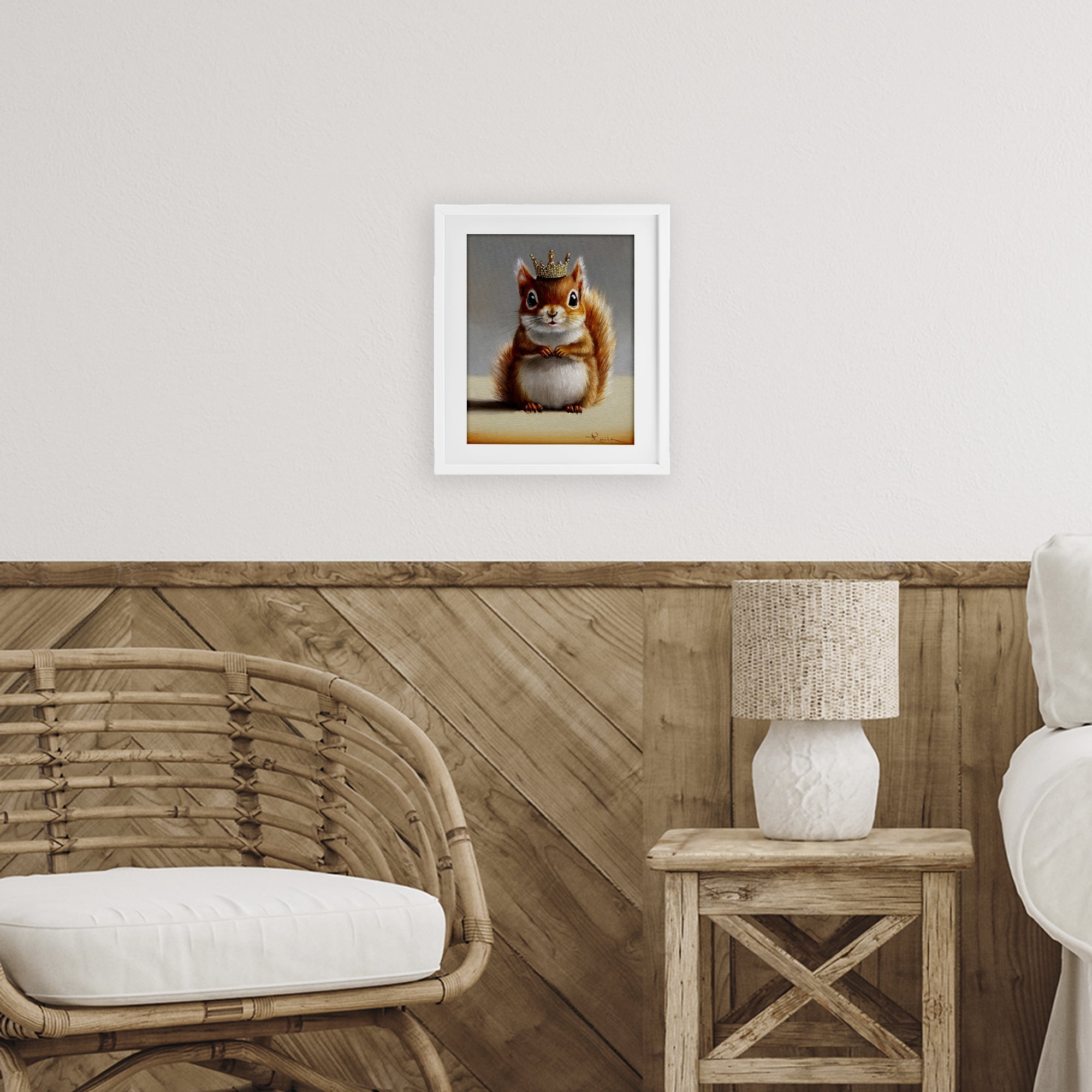 Fancy Crowned Squirrel White Framed Print Under Glass, design by Lucia Heffernan