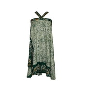 Mogul Reversible Magic Wrap Around Skirt Green Silk Sari Two Layer Beach Sarong Dress