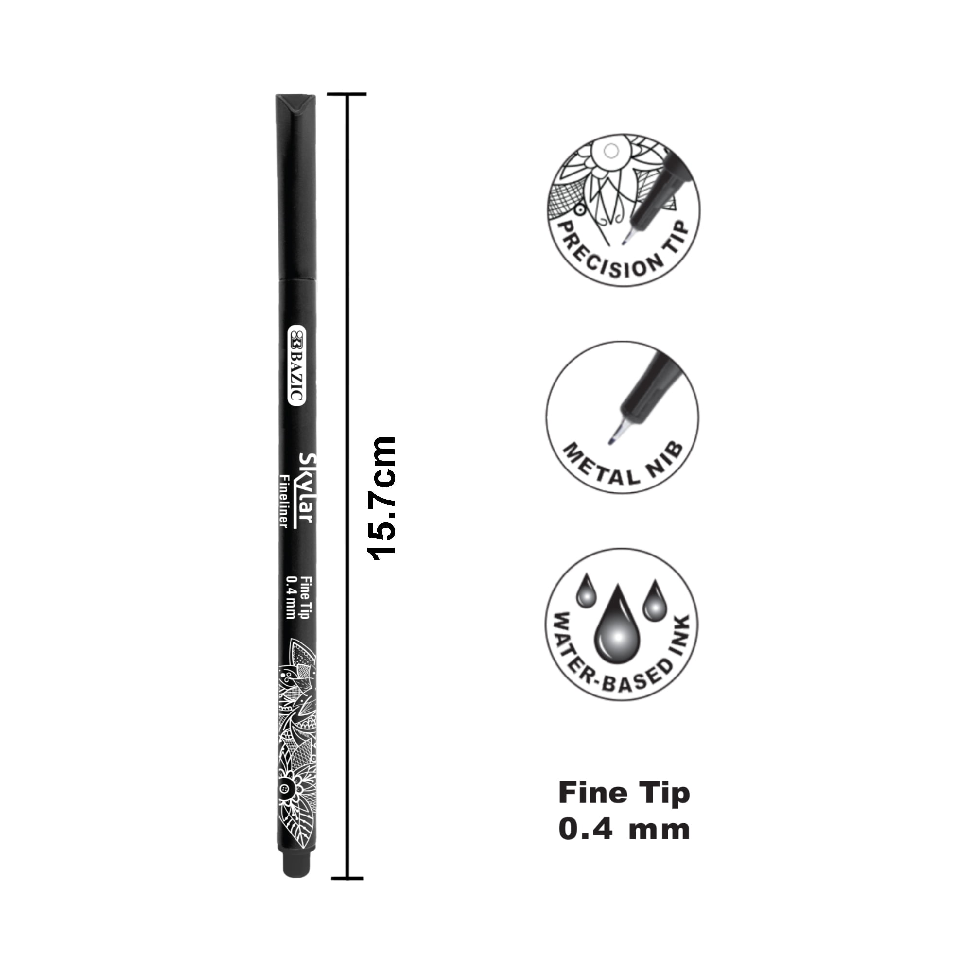 BAZIC Skylar Fineliner Pen, Fine Tip 0.4mm Pens, Black Ink, 4 Count, 24-Packs