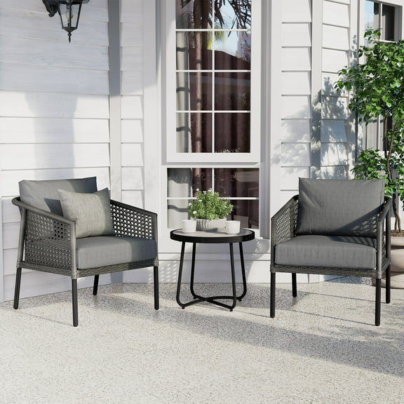 Grand Patio Outdoor Bistro Chat Set - Set of 2 Large Wicker Chairs with Olefin Cushions and Coffee Table, Heavy Duty Balcony Furniture, Ideal for Patio Garden, Backyard, Porch, Lawn, Dark Grey
