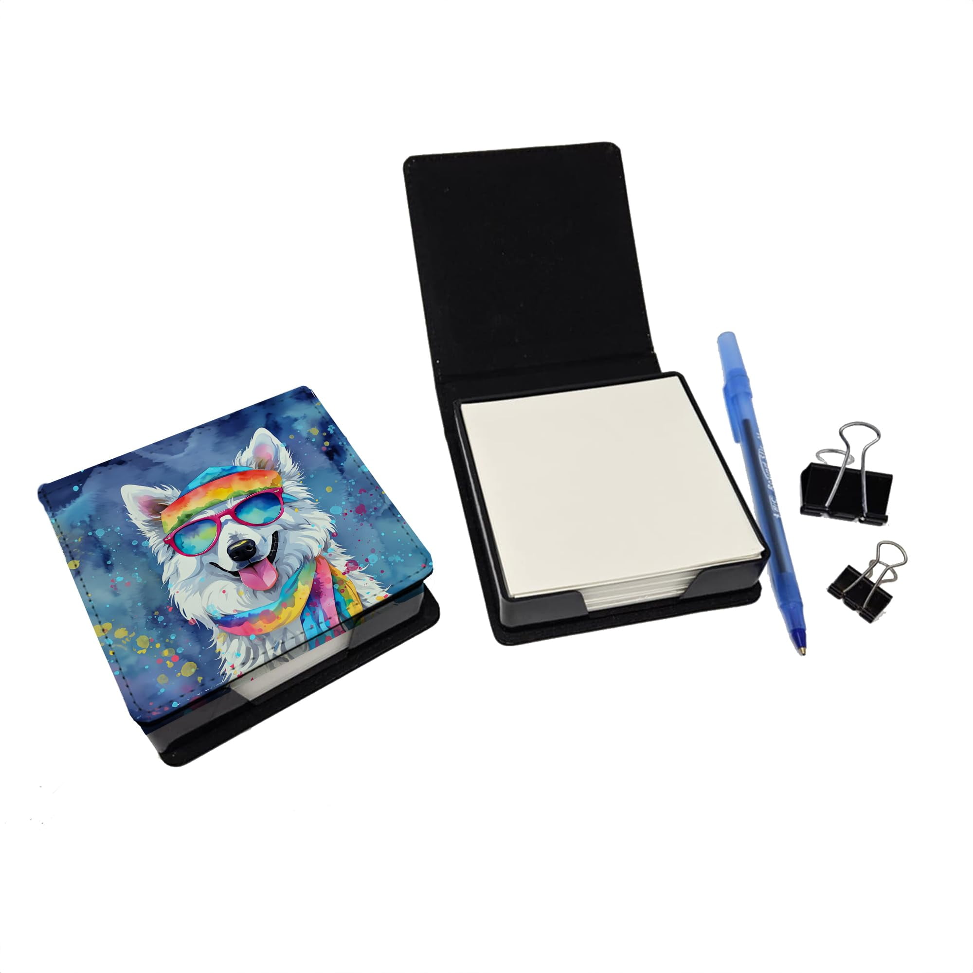 Caroline's Treasures American Eskimo Hippie Dawg PU Leather Note Paper Holder with Artist-Designed Cover, Desk Accessory, Office Gift