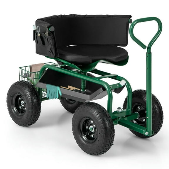 Kepooman Garden Wagon, Garden Cart,Cushioned Rolling Garden Cart Scooter with Storage Basket and Tool Pouch-Green