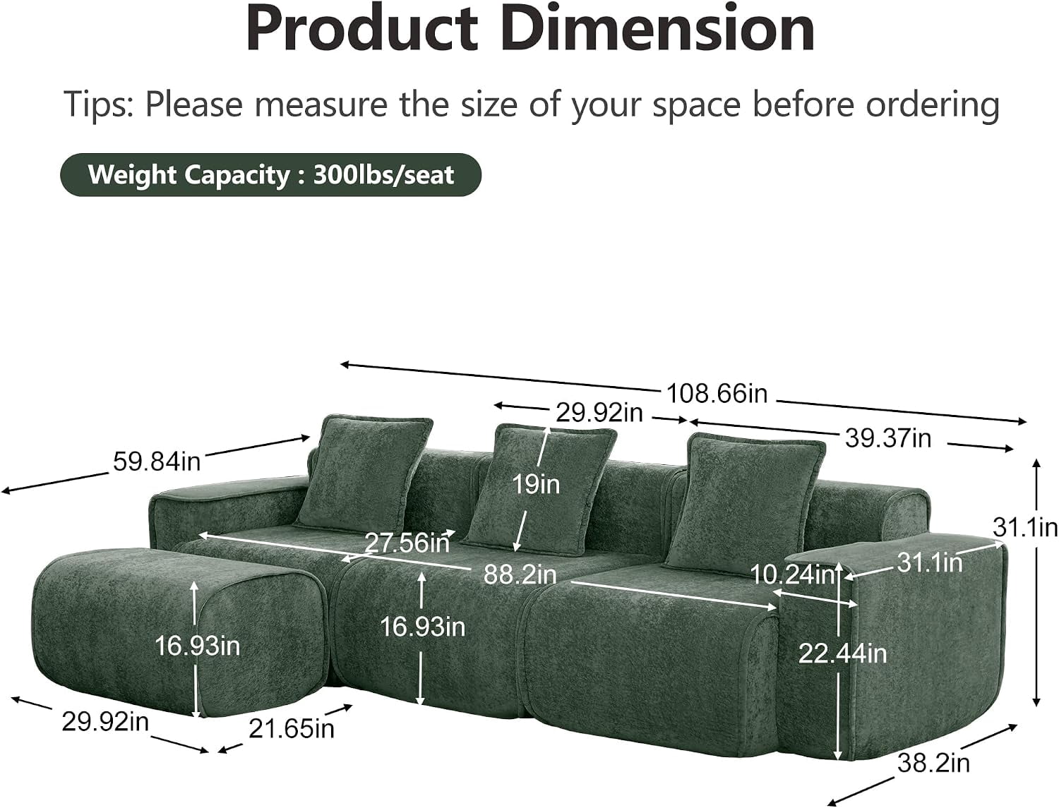 109" 3-Seat Modular U-Shaped Sectional Sofa, Green Velvet with 1 Movable Ottomans & Throw Pillows, No Assembly Required