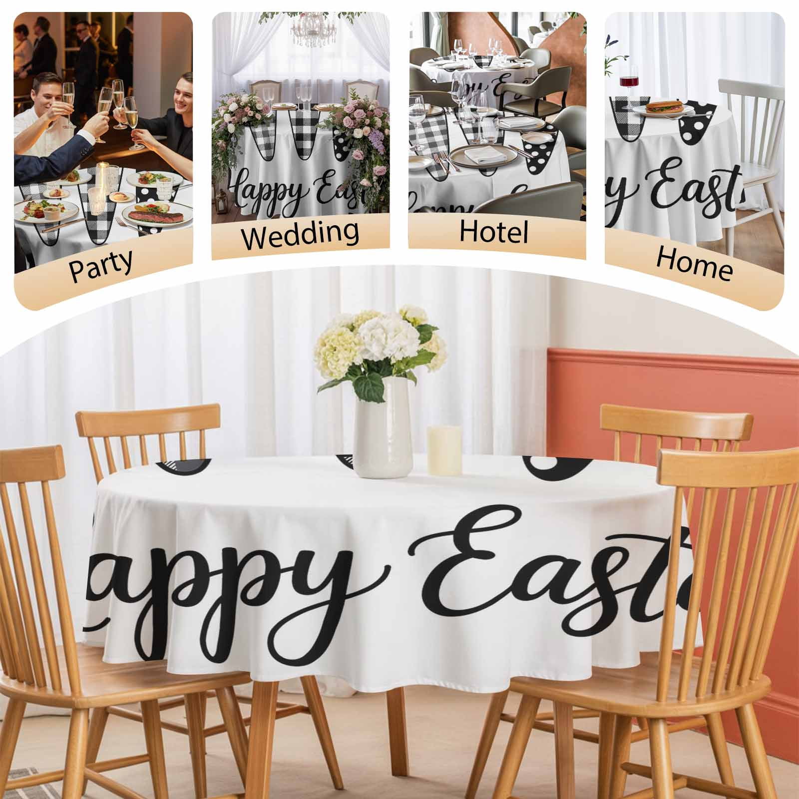 Round Tablecloth Happy Easter Waterproof Oil Proof Polyester Table Cloth Cover Decor for Home Dining Outdoor,Patio,Parties, 54" Dia. Farmhouse Plaid Carrots White