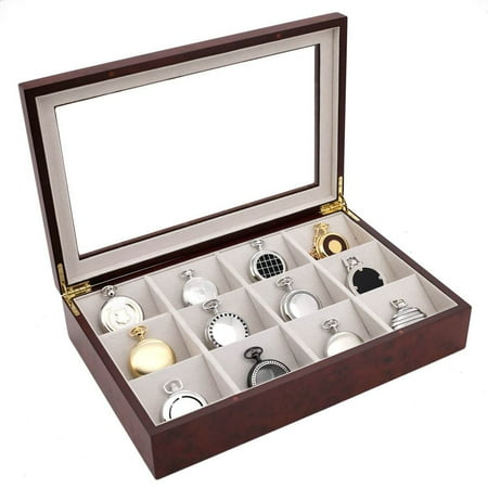 - Pocket Watch Box Display Case 12 Large Compartments Burlwood Finish See Thru Top