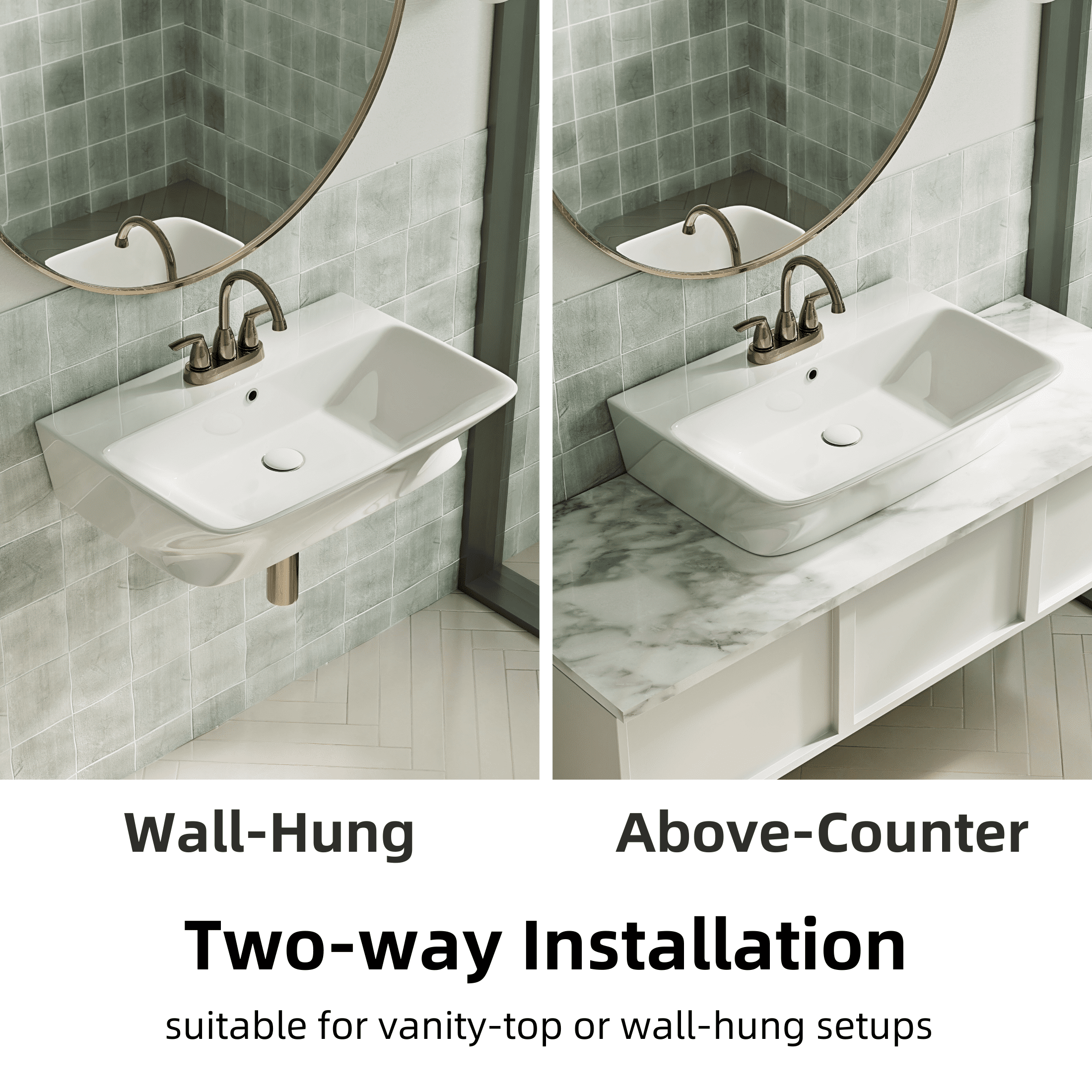 Los Flexi 24" x 17" White Ceramic Wall-Mount Bathroom Sink with Rear Overflow, 3 Pre-Drilled Holes, Widespread Faucet Compatible for Small Spaces