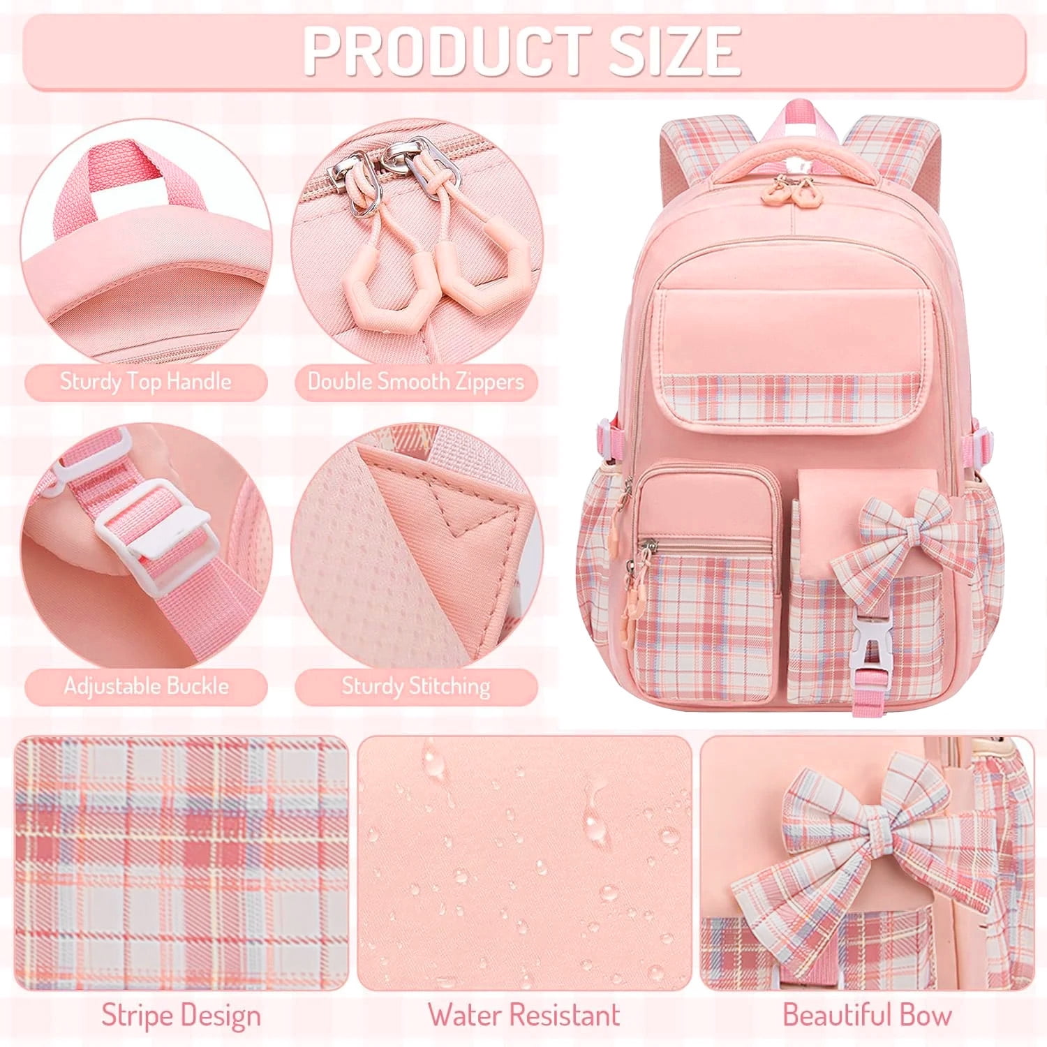 Ficcug Girls School Backpacks,Fashion School Bag for Kids Teens,30L Waterproof Students Bookbags for Elementary Middle,Pink