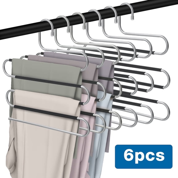 YEERSWAG® 6 Pack S Shape 5 Tier Pants Hangers Space Saving,Stainless Steel Non Slip Trouser Hangers, Multi Layer Closet Organizer Hanger for Jeans, Pants, Skirts, Scarves, Belts