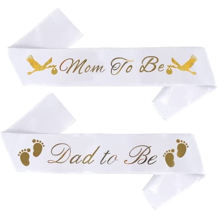 Brosash Mom To Be & Dad To Be Baby Shower Sash Bundle - White with Gold Letters Sashes for Expecting Parents