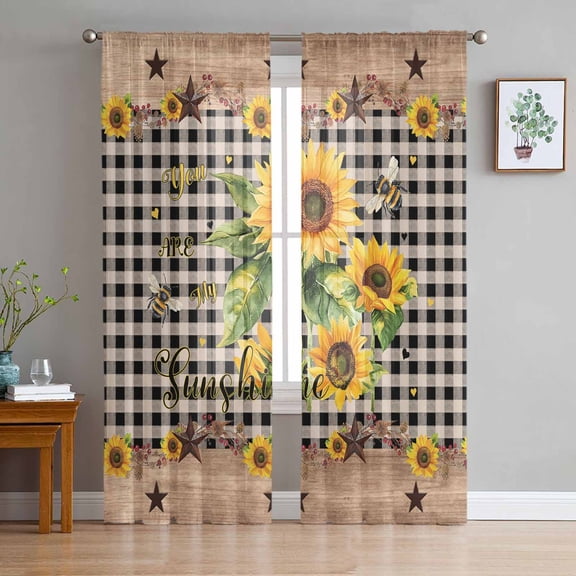 Sunflower Plaid Sheer Curtains 96 Inch Length 2 Panels Set for Living Room/Bedroom, Country Sunshine Star Vintage Bee Black Curtain Sheers Drapes Rod Pocket Curtains Window Treatment Set 52''x96''x2