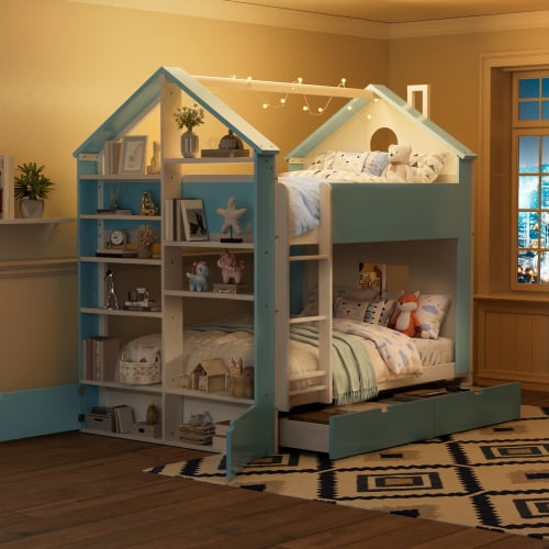 Full Size Bunk Bed with Storage Drawers & Shelves, Two-Tone White & Blue Wood, Integrated LED Light Strip