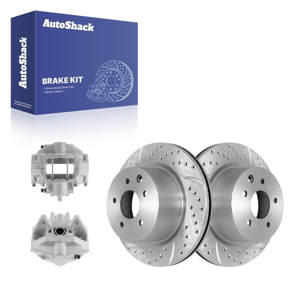 AutoShack Rear Vented Drilled & Slotted Silver Zinc Coated Brake Rotors   Calipers 4-PC Brake Kit Replacement for 2009-2011 INFINITI G37 2014 Nissan 370Z SilverShield Pro 12.11" (307.7 mm)