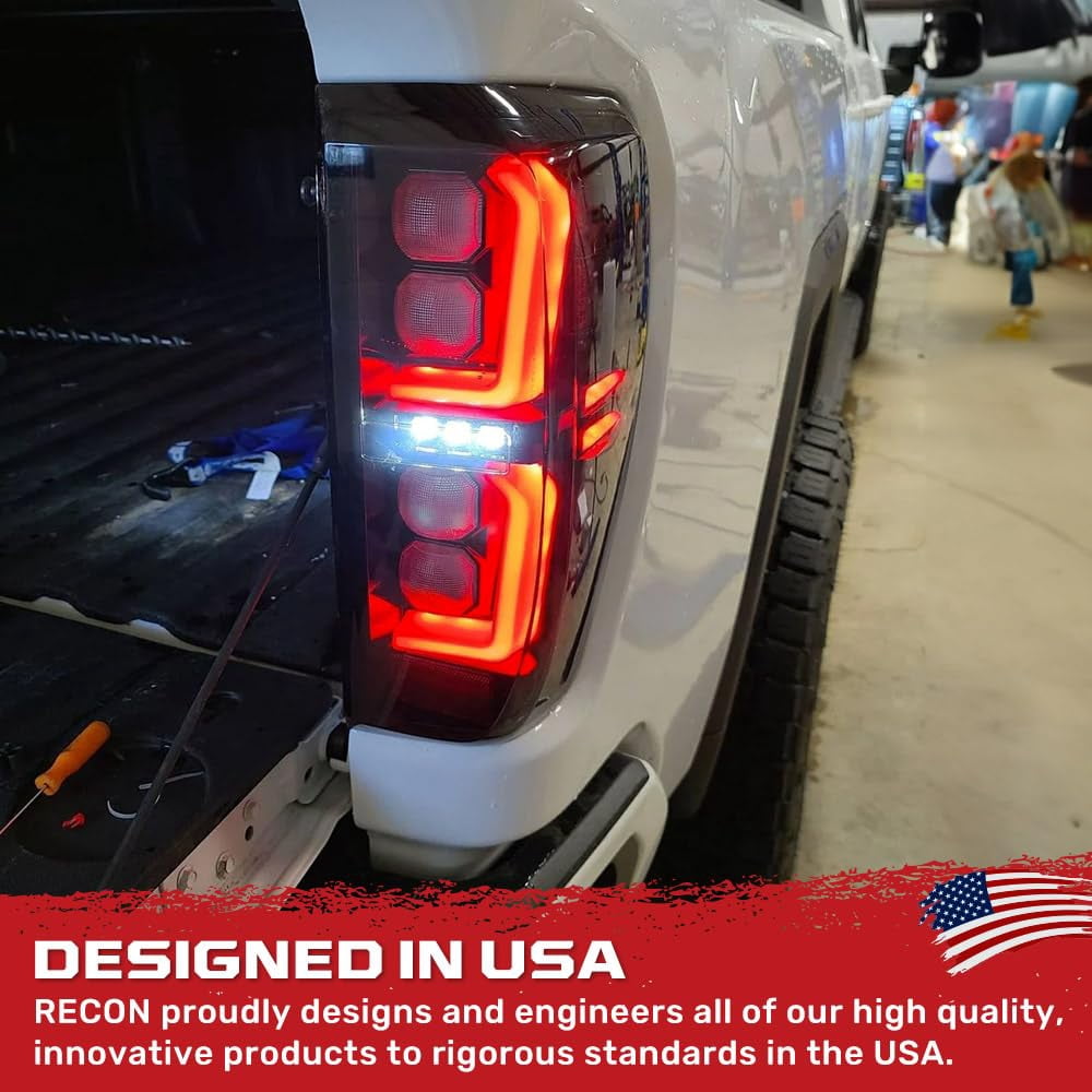 RECON - Fits 19-25 Sierra 1500 & 20-23 Sierra 2500, 3500 Ultra Bright Premium OLED Tail Lights Sleek Running Lights Startup Light Sequence (Replaces Factory/OEM LED) (SMOKED LENS)