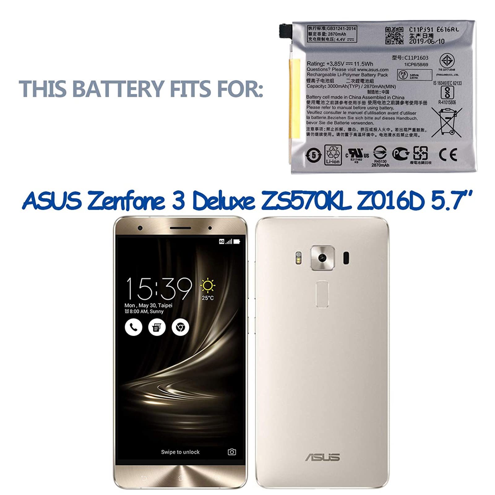 Swark Battery C11p1603 Compatible With Asus Zenfone 3 Deluxe Zs570kl Z016d 5 7 Inch With Tools Walmart Com Walmart Com