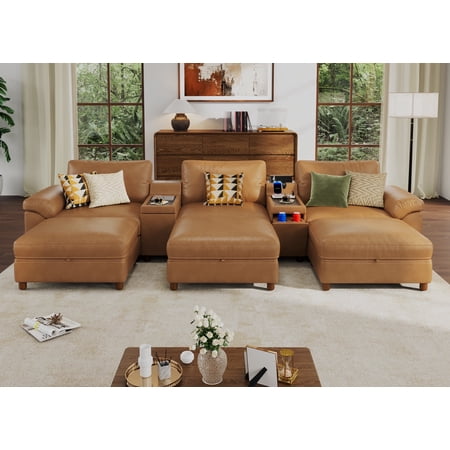 Modular Sectional Sofa with Removable Washable Covers, Oversized Deep Seat 3 Seater Sofa Bed with Versatile Console, Pet-Friendly Leather in Brown