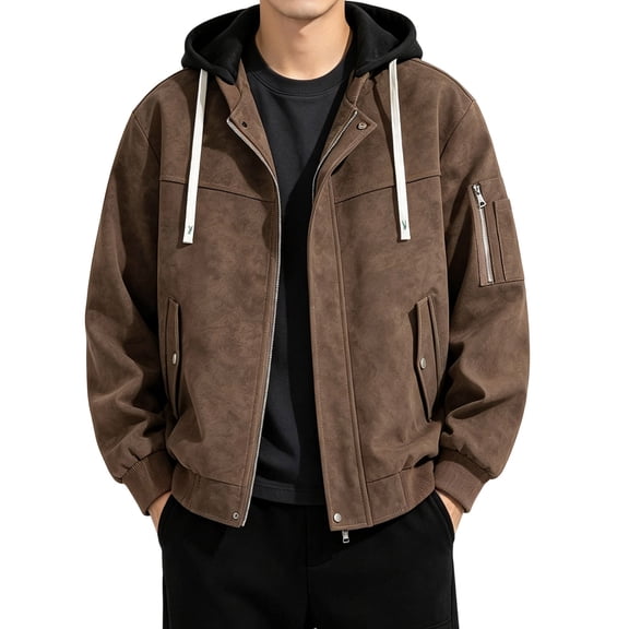 Homenesgenics Jackets for Men Big and Tall Long-Sleeve Relaxed-Fit Leather Plus Size Casual Hooded Outerwear Brown XL