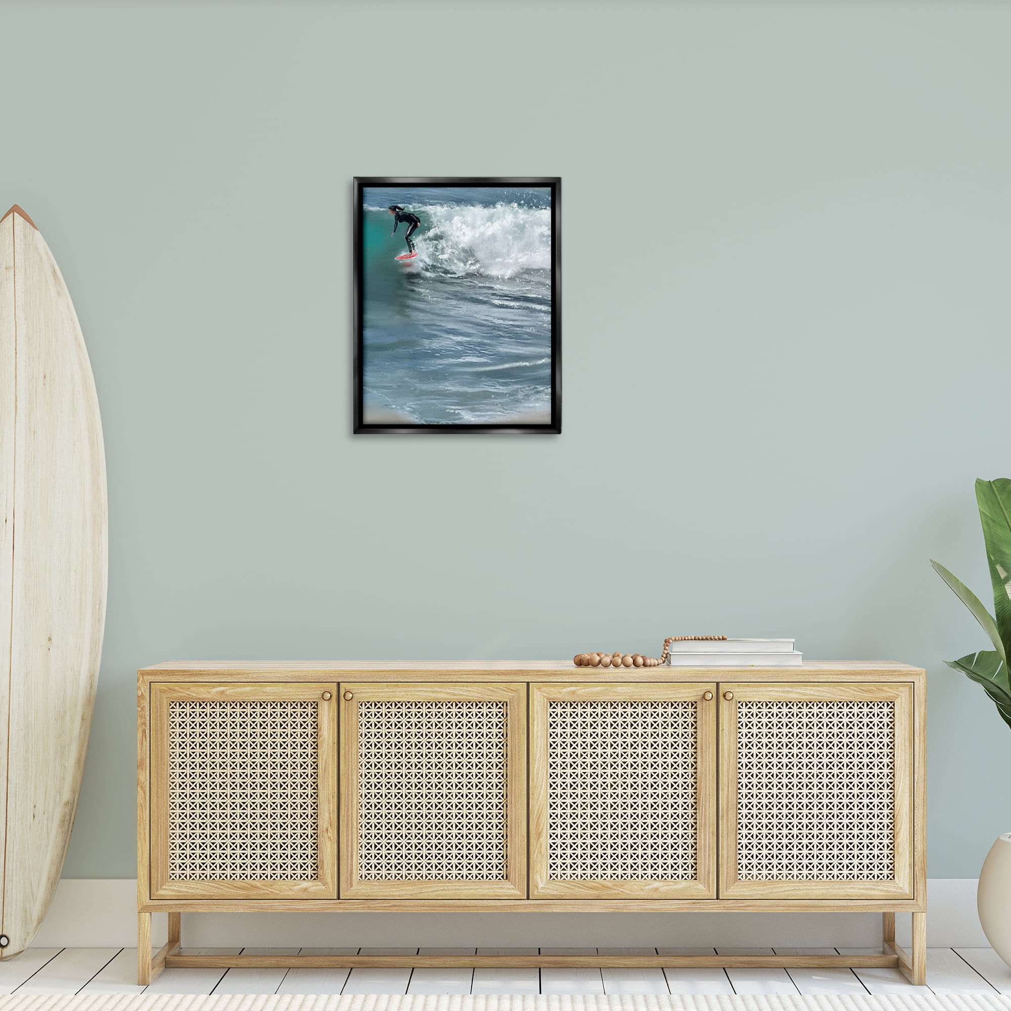 Stupell Industries Cali Surfer Girl Sports Painting Black Floater Framed Canvas Art Print Wall Art, 25 x 31