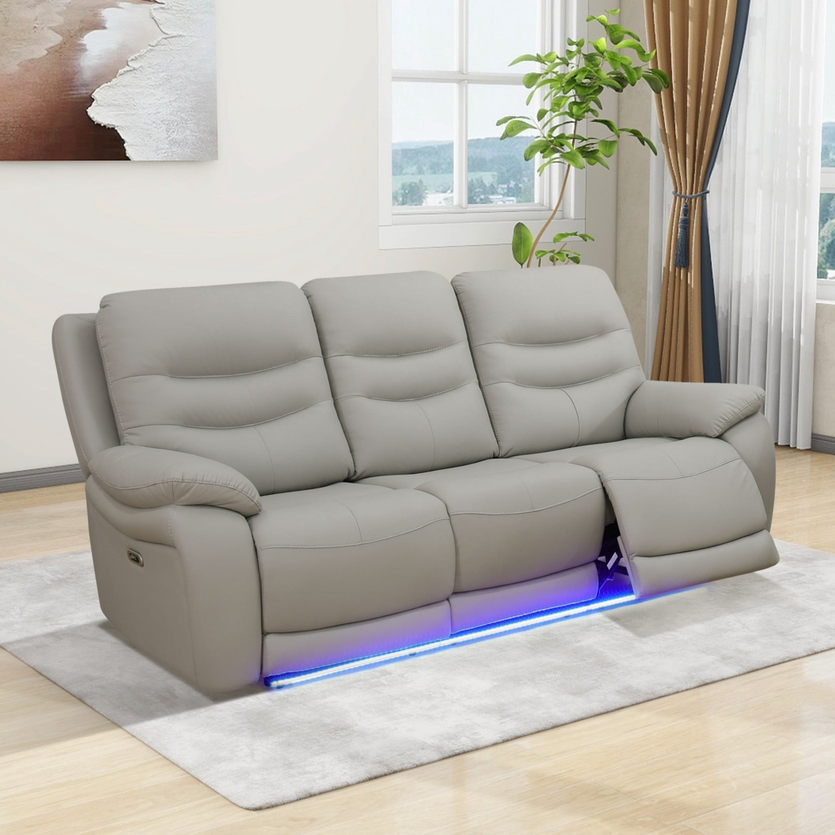 Gewnee 3‑Seat Power Recliner Sofa, Air Leather, Adjustable Recline Angle, USB‑C & USB Ports, LED Ambient Light for Living Room Home Theatre，Light Gray