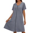 thumbnail image 2 of Women's Front Zipper Housecoat, Short Sleeve Pleated Duster Robe, Loose Fit Casual Nightgown Loungewear with Pockets, 2 of 7