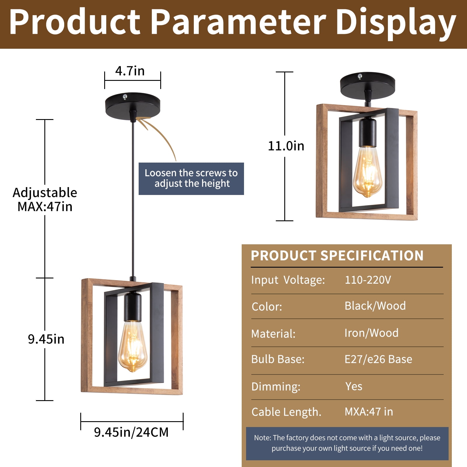 Farmhouse Pendant Light Fixture, Rustic Hanging Light Fixture with Wood Grain and Black Finish