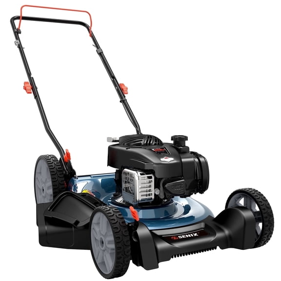 SENIX Gas Lawn Mower 21in Cuttting Blade 22in Cutting Deck, 125cc 4-Cycle Briggs & Stratton E450 Engine, 2-In-1 Push Mower with 6 Height Adjustments and 11" Rear Wheels
