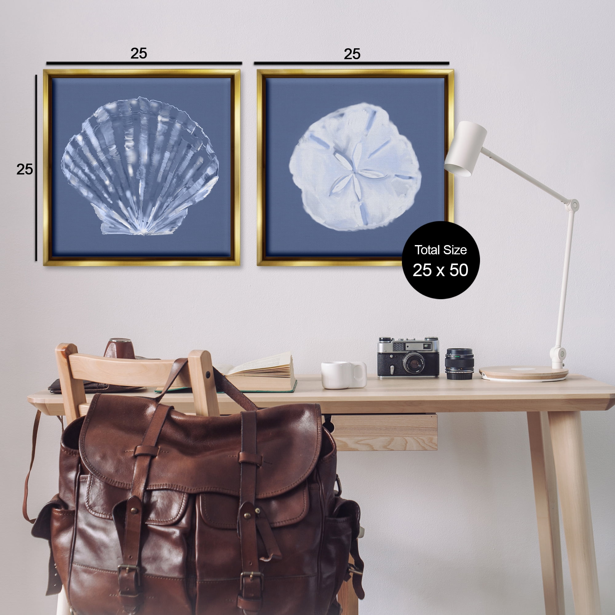 Stupell Industries Denim Sand Dollar & Scallop Nautical & Beach Painting Gold Floater Framed Canvas Art Print Wall Art, 25 x 25, Set of 2