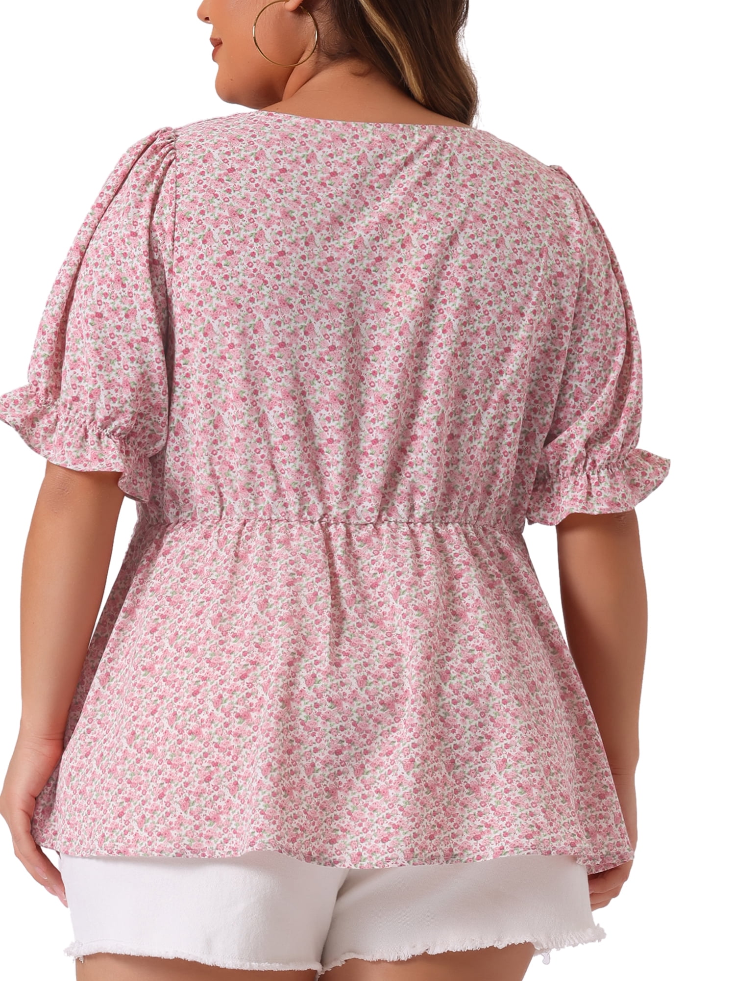 DARING DIVA Women's Plus Floral Peplum Short Sleeve Cute Blouse 4X Pink