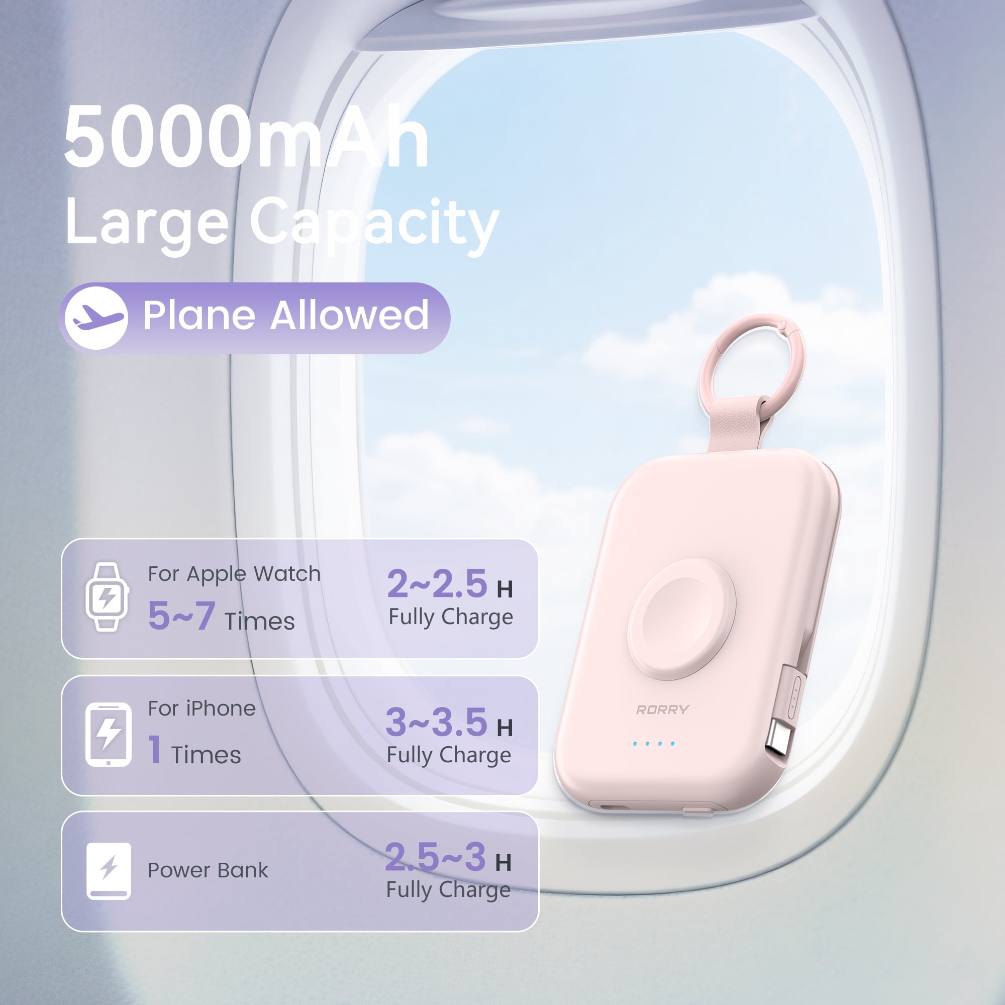 RORRY Portable Charger, 5000mAh Power Bank - Apple Watch Charger with Built-in Cables,Travel-Ready Portable Charger for iPhone 17/ 16/15/14 ,Android ,Apple Watch , Pink with Pink Keychain