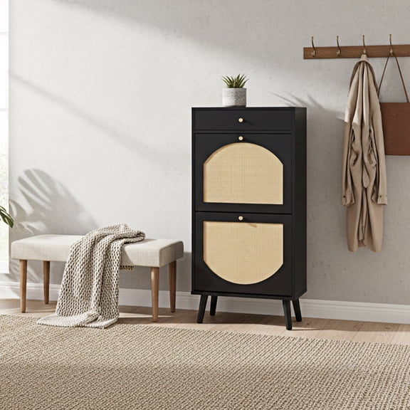 MOSUI Shoe Cabinet Rattan-Front with 1 Drawer and 2 Flip-Down Compartments, Black