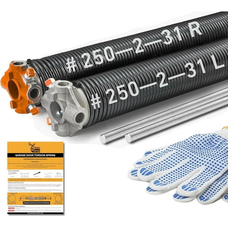 Buck Pair of 2 Heavy Duty Garage Door Torsion Springs Set with Non-Slip Winding Bar & Gloves - High Precision Replacement with Electrophoresis Black Coating Minimum 20 000 Cycles (0.250x2 x31 )