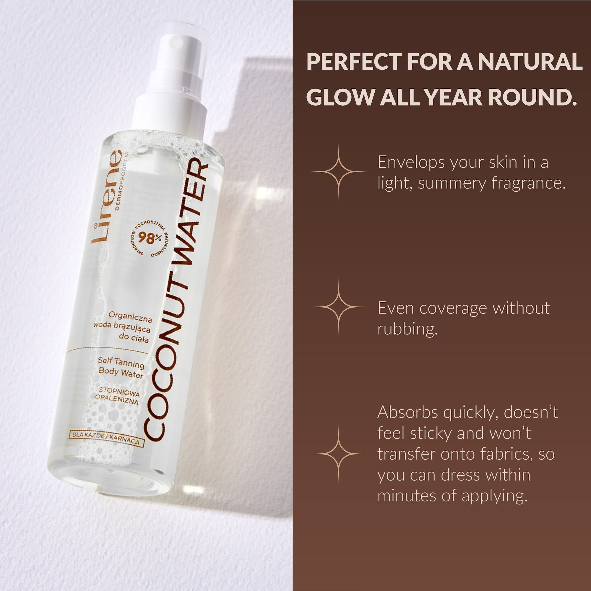 Lirene PERFECT TAN Coconut Water Tanning Body Mist- 360° Spray, Natural Golden, Streak-Free Tanner with Coconut Water and  Natural DHA  – 150ml
