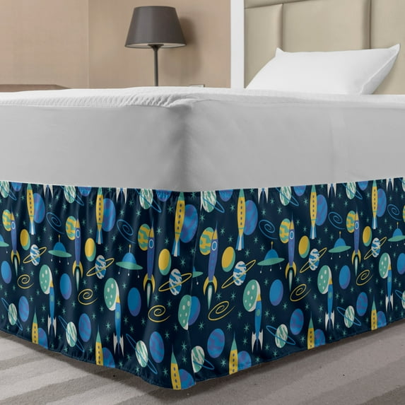 Rockets Bed Skirt, Planets Travel Transport Galaxy Stars Spaceship, Elastic Bedskirt Dust Ruffle Wrap Around for Bedding Decor, 4 Sizes, Mustard Deep Sky Blue, by Ambesonne
