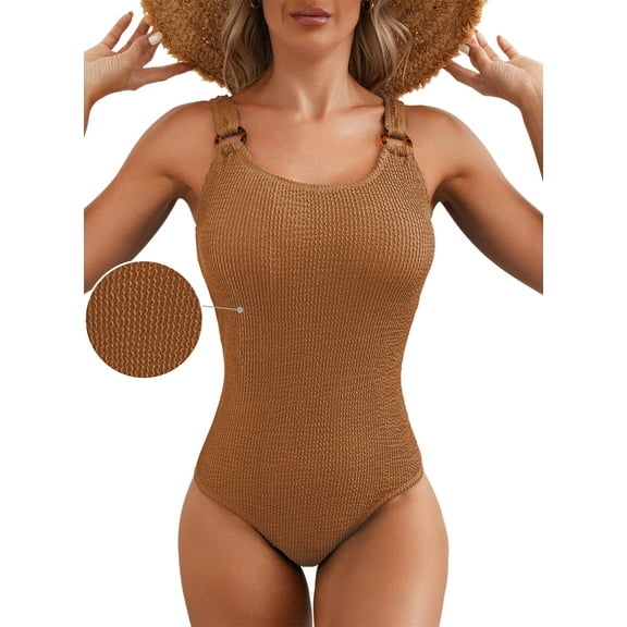 DOKOTOO Women's One-Piece Swimsuit with Tummy Control, Solid Ribbed Monokini, Wide Straps, Open Back, L