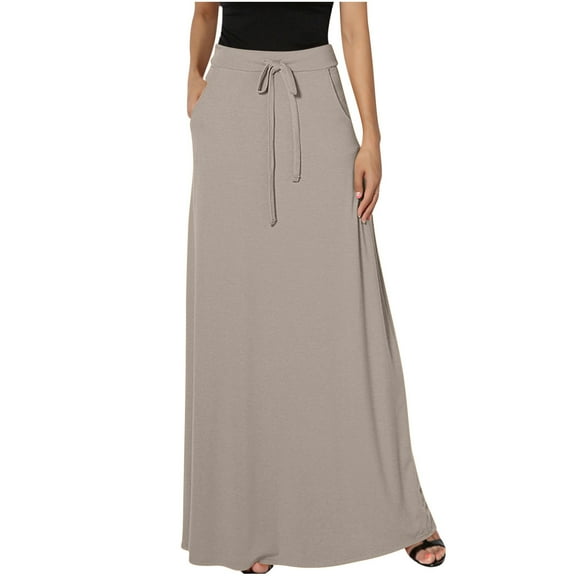 Dvprdro Fashionable Summer Long Maxi Skirts for Women Loose Casual Solid Elastic Waist Swing Flowy Skirts Gray Sizes M