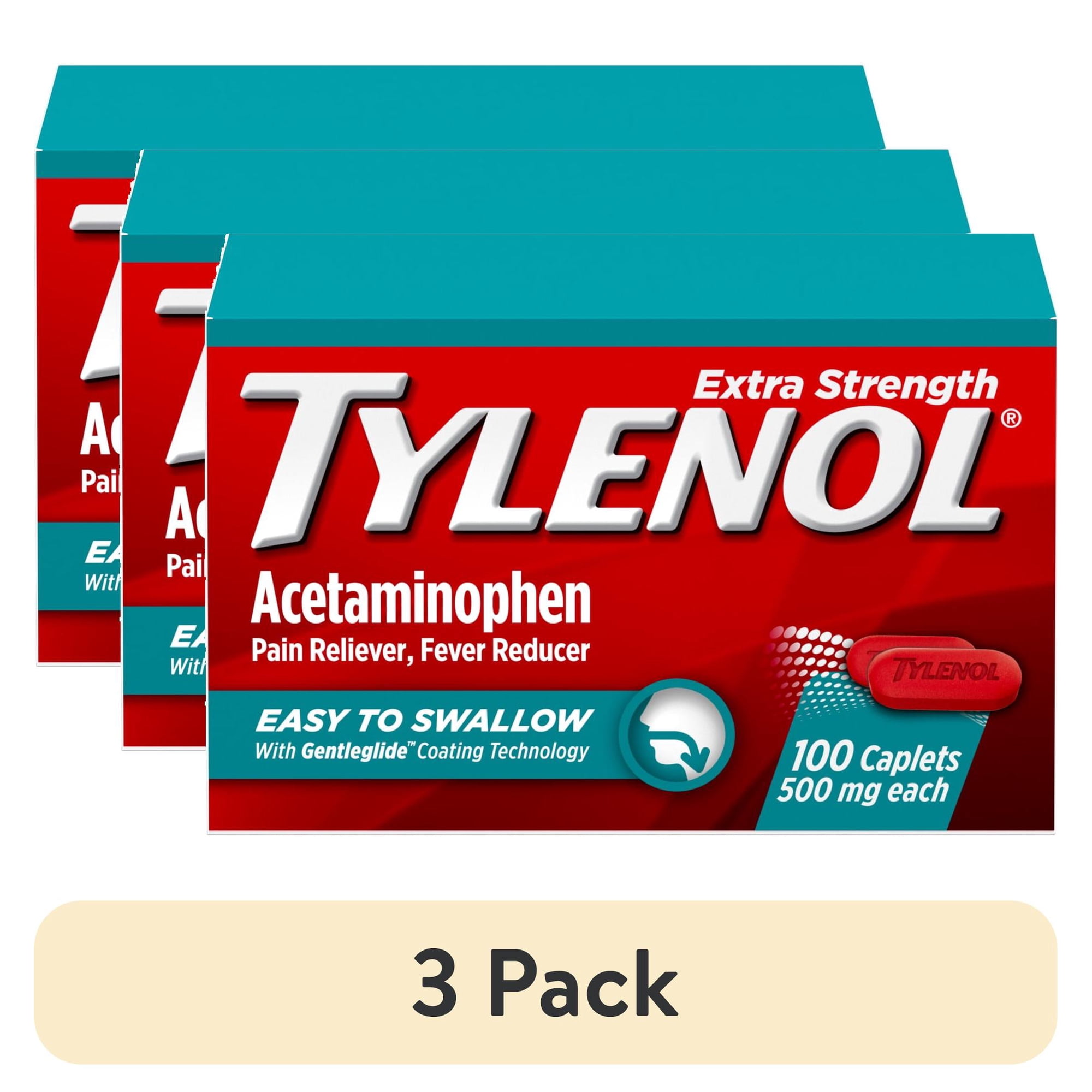 (3 pack) Tylenol Extra Strength Acetaminophen, Easy to Swallow Caplets, 100 Count