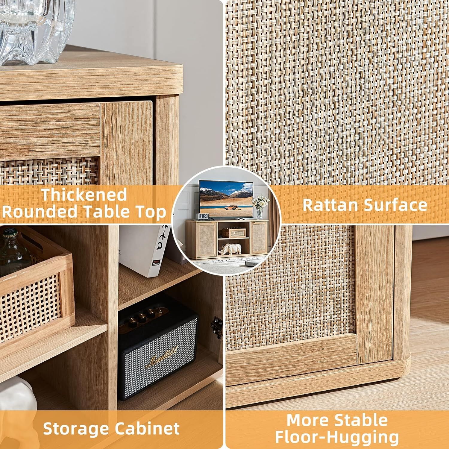 LEYAOYAO TV Stand for 50-65 Inch TV, Rattan Boho Entertainment Center, Rustic Wood Media Console with Storage and Open Shelf, Natural