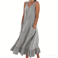 thumbnail image 2 of Laqbezok Sleeveless Cotton Linen Boho Flowy Beach Midi Dress with Pockets, Casual Solid Color Round Neck Sun Dress, Relaxed Fit Ruffle Hem Summer Vacation Dress, 2 of 4