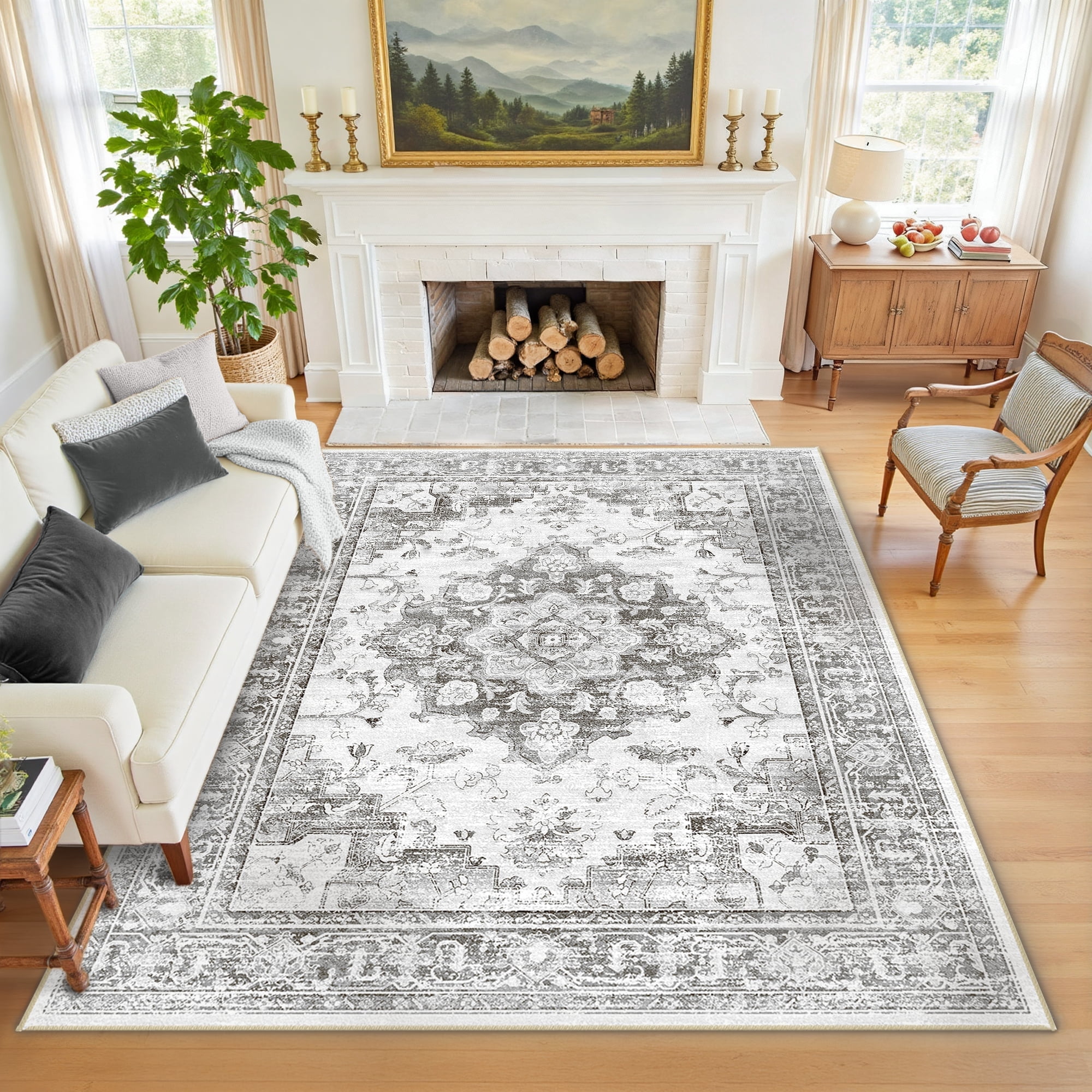 NewBuros 5'x7' Area Rugs, Machine Washable Non Slip Rugs for Living Room, Low Pile Water Repellent Soft Vintage Print Pattern Bedroom Carpet, Black & Gray