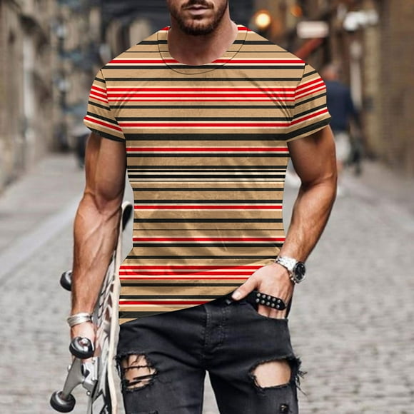 Tops para hombre, blusas y camisas de manga corta con cuello redondo para hombre, blusas de manga corta con cuello redondo y estampado de rayas para hombre, blusa para hombre