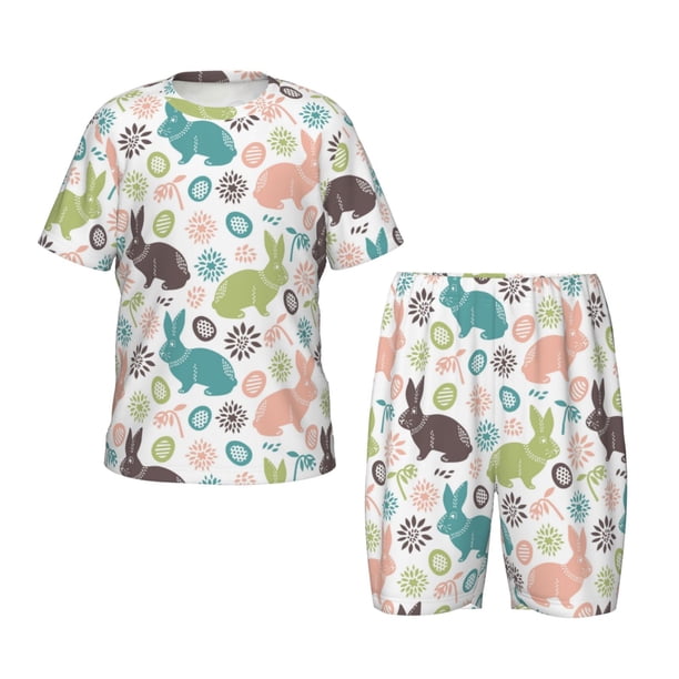 Balery Easter Rabbit Conjunto de Pijama Infantil de Manga Corta con Estampado – Ropa de Dormir de Algodón Suave-Large
