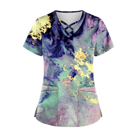 

Clearance Sale! Scrub Uniform MIARHB Women s Fashion V Neck Cross Printing Uniform with Pocket T-Shirt Short Sleeve Top Purple XXXXL