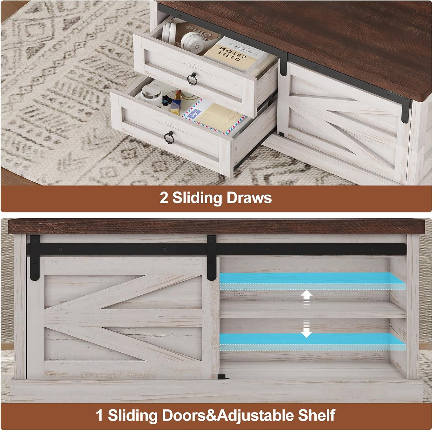 39.4'' Lift Top Coffee Table with 2 Storage Drawers and Large Hidden Compartment, Farmhouse Coffee Table for Living Room