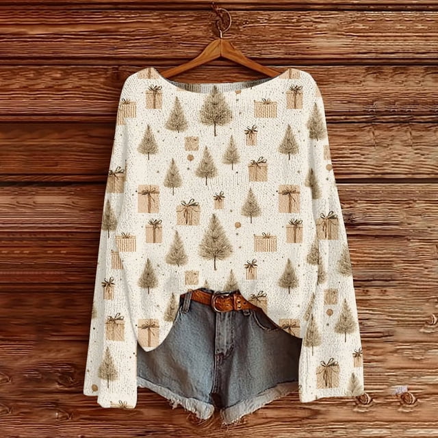 Chandails d'Hiver Grande Taille pour Femmes Chandails de Noël pour Femmes 2025 Col Rond Hiver Vacances Mignons Pulls Jaune Clair G