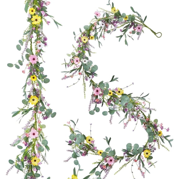 Flower Garland 6.5FT Spring Garland For Mantle Floral Wreath Garland Round Home Decor for Indoor Outdoor Spring Decor