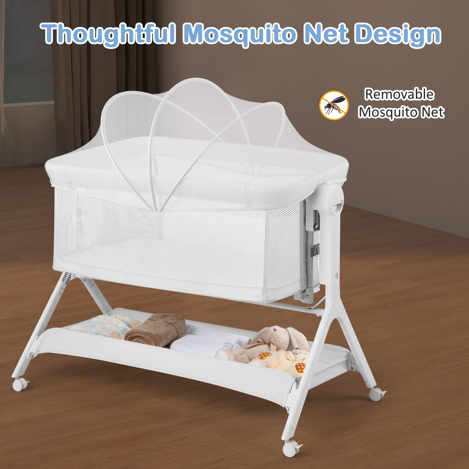 INFANS 5 in 1 Baby Bassinet, Upgraded Flat Rocking Bedside Sleeper with Wheels, Storage Basket, Travel Bag, Mosquito Net, Height Adjustable, Portable All Mesh Crib for Newborn/Infant