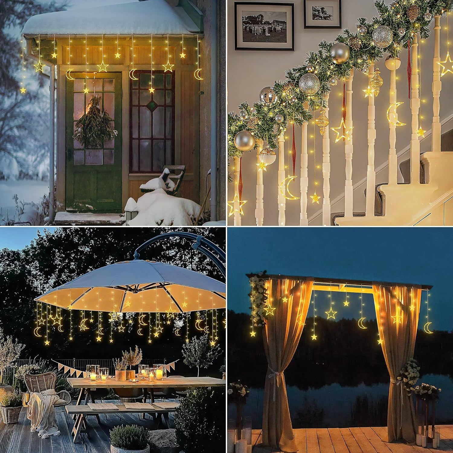 Ramadan Solar Icicle Lights,Outdoor Waterproof Moons Stars Curtain Window String with 8 Modes Timer Remote,USB Rechargeable Connectable Warm White Hanging Decor for Patio