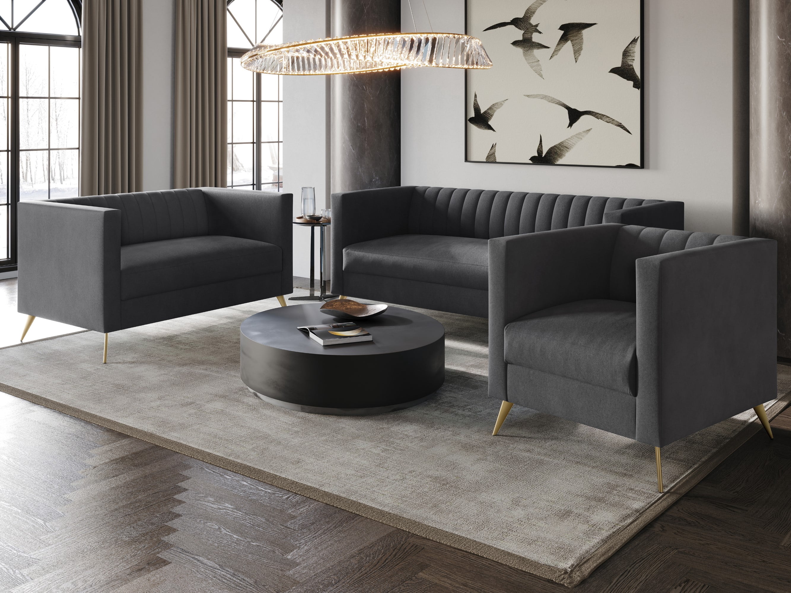 Home Design Weiss Velvet Square Arm Sofa with Channel-Tufted Back and Gold Metal Legs, Modern Upholstered Living Room Seating, Dark Gray