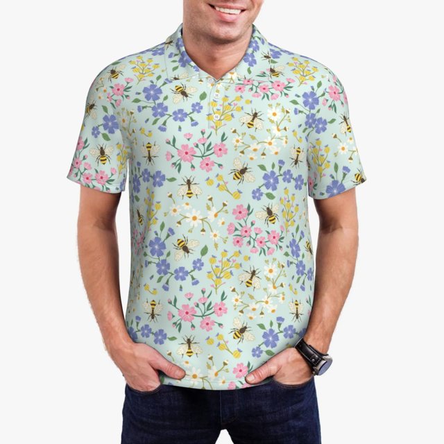 Bingfone Honey Bees And Flowers for Men's Button-down POLO Shirts, Quick-drying Shirts and T-shirts for Summer, Suitable for Vacation and Business-Small